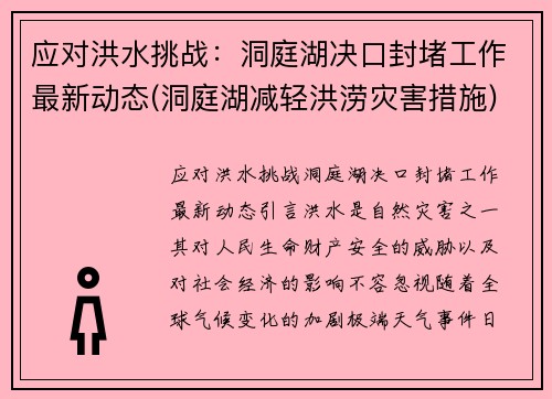 应对洪水挑战：洞庭湖决口封堵工作最新动态(洞庭湖减轻洪涝灾害措施)