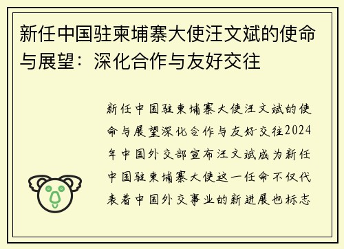 新任中国驻柬埔寨大使汪文斌的使命与展望：深化合作与友好交往