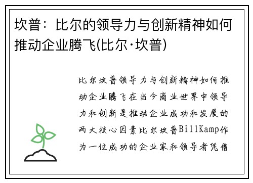 坎普：比尔的领导力与创新精神如何推动企业腾飞(比尔·坎普)