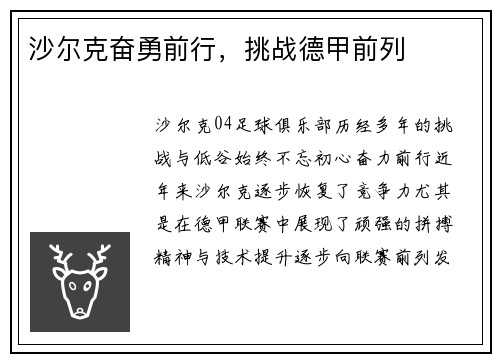 沙尔克奋勇前行，挑战德甲前列