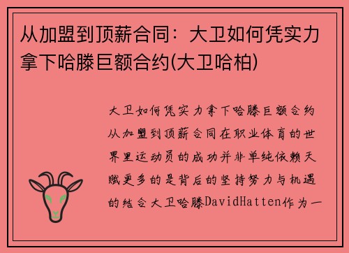 从加盟到顶薪合同：大卫如何凭实力拿下哈滕巨额合约(大卫哈柏)