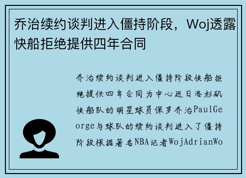 乔治续约谈判进入僵持阶段，Woj透露快船拒绝提供四年合同