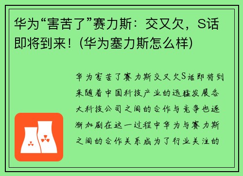 华为“害苦了”赛力斯：交又欠，S话即将到来！(华为塞力斯怎么样)