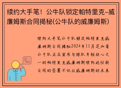 续约大手笔！公牛队锁定帕特里克-威廉姆斯合同揭秘(公牛队的威廉姆斯)