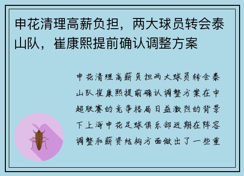 申花清理高薪负担，两大球员转会泰山队，崔康熙提前确认调整方案